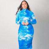Explosive plus size dress new tie-dye printing long-sleeved pleated T-shirt dress