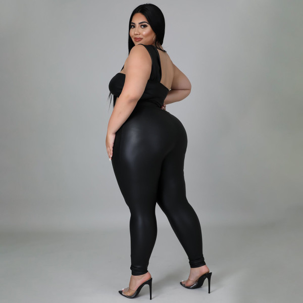 New fat mm plus size women's trousers high elastic leather tight-fitting hip sexy two-piece suit