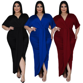 New fashion plus size women's sexy nightclub irregular long-sleeved V-neck dress