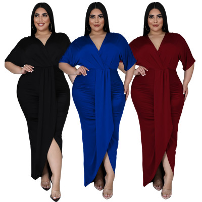 New fashion plus size women's sexy nightclub irregular long-sleeved V-neck dress