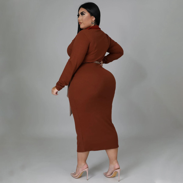 Women's 2021 autumn and winter new multi-color stitching lace-up temperament sexy plus size dress women