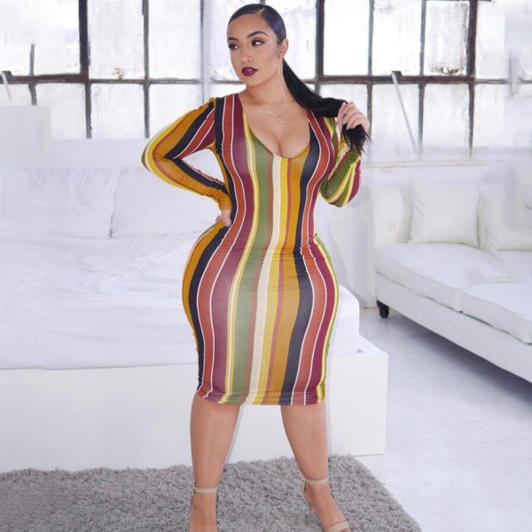 New mid-length skirt plus size women's long-sleeved V-neck striped temperament sexy dress