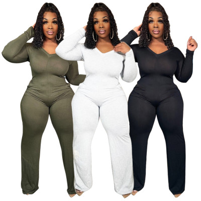 Plus size women's solid color V-neck back zipper imitation cotton wide leg pants jumpsuit with pockets