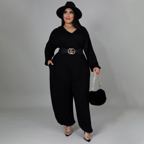 Women's wear round neck casual loose solid color sexy large size wide leg pants jumpsuit