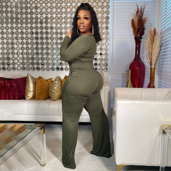 Plus size women's solid color V-neck back zipper imitation cotton wide leg pants jumpsuit with pockets