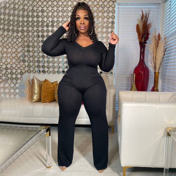 Plus size women's solid color V-neck back zipper imitation cotton wide leg pants jumpsuit with pockets
