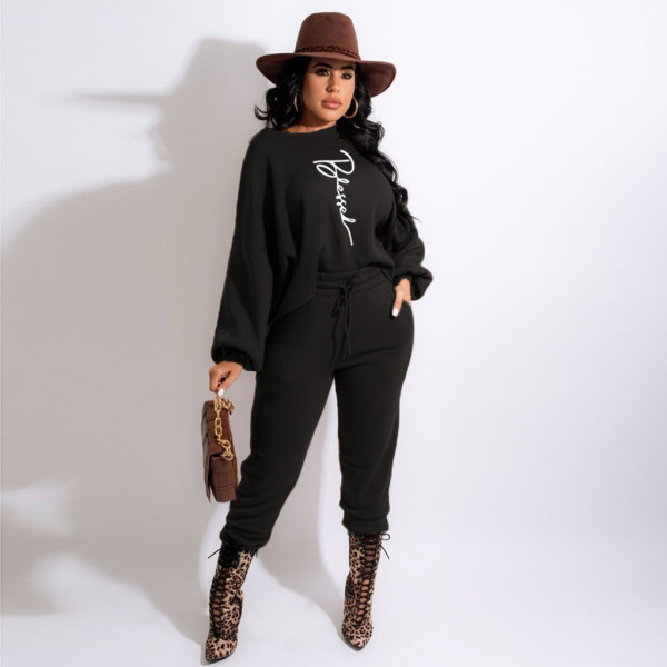 Letter hot melted solid color drop shoulder puff sleeves two-piece fashion women's suit