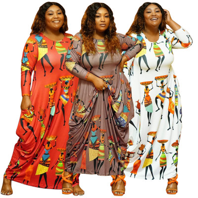 Plus size women's dress, print long-sleeved temperament dress, long skirt