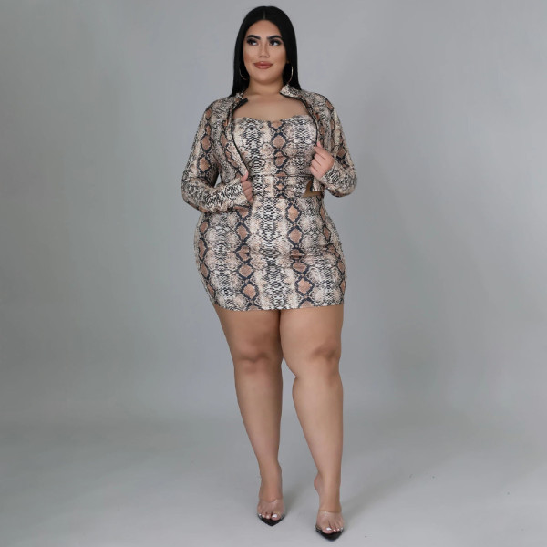 Autumn and winter new women's fashion slim zipper snake print skirt suit sexy three-piece suit