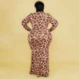 Fashion Sexy Round Neck Long Sleeve Large Size Dress Printed Ladies Long Dress