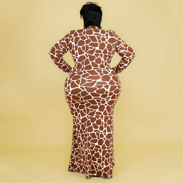 Fashion Sexy Round Neck Long Sleeve Large Size Dress Printed Ladies Long Dress