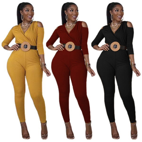 Female Slim Sexy Big V-neck Off-the-shoulder Thread Hole Strip Stretch Solid Color Jumpsuit