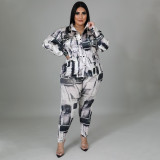 Explosive shiny shirt long-sleeved fashion digital printed pants suit two-piece