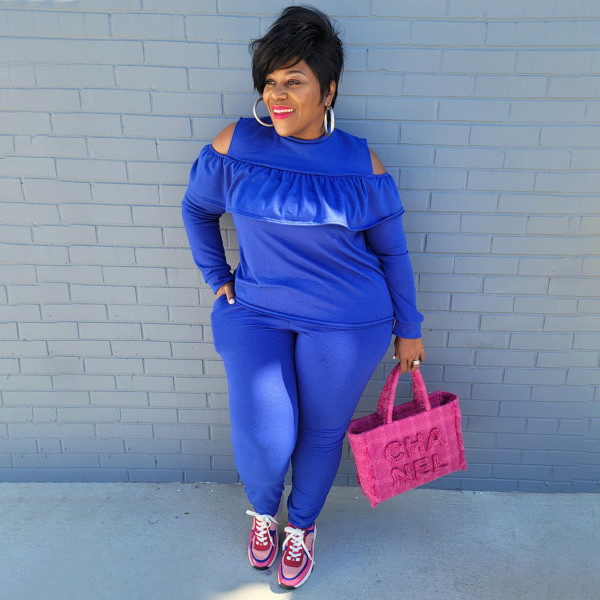 Plus size women's solid color sports waist waist suit fashion casual two-piece women