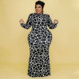 Fashion Sexy Round Neck Long Sleeve Large Size Dress Printed Ladies Long Dress