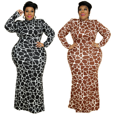 Fashion Sexy Round Neck Long Sleeve Large Size Dress Printed Ladies Long Dress