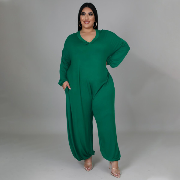 Women's wear round neck casual loose solid color sexy large size wide leg pants jumpsuit