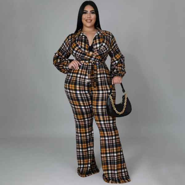 New plus size women's loose check print shirt collar long-sleeved sexy jumpsuit