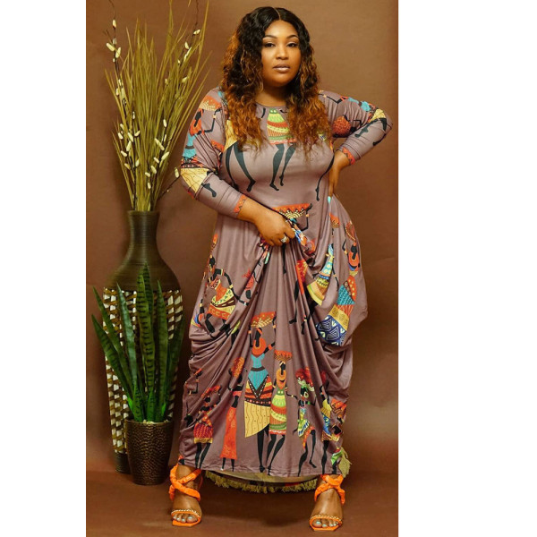Plus size women's dress, print long-sleeved temperament dress, long skirt