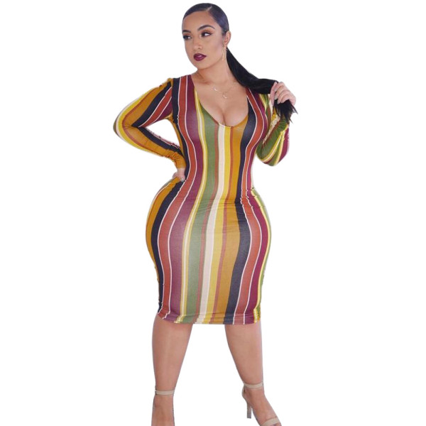 New mid-length skirt plus size women's long-sleeved V-neck striped temperament sexy dress