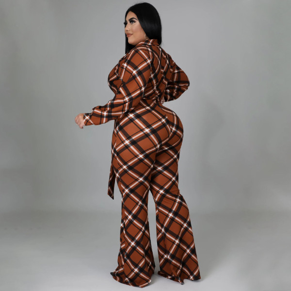 New plus size women's loose check print shirt collar long-sleeved sexy jumpsuit