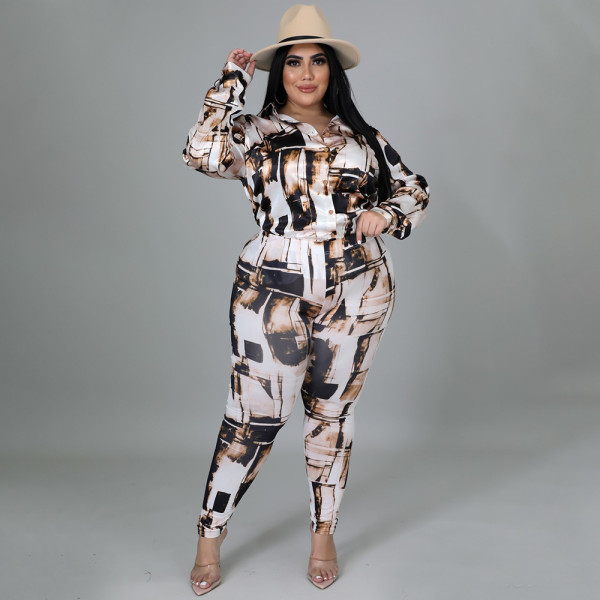 Explosive shiny shirt long-sleeved fashion digital printed pants suit two-piece