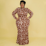Fashion Sexy Round Neck Long Sleeve Large Size Dress Printed Ladies Long Dress