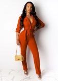 Autumn and winter style lapel pocket buttoned belt cardigan jumpsuit