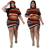 Trendy Milky Silk Brushed Striped Printed Drawstring Short Skirt Two-Piece Set