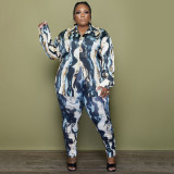 Explosive shiny shirt long-sleeved fashion digital printed pants suit two-piece