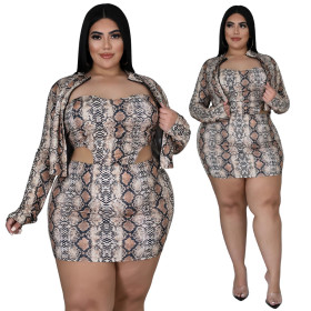 Autumn and winter new women's fashion slim zipper snake print skirt suit sexy three-piece suit