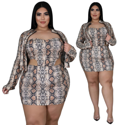Autumn and winter new women's fashion slim zipper snake print skirt suit sexy three-piece suit