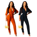 Autumn and winter style lapel pocket buttoned belt cardigan jumpsuit