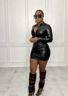 Fashion casual four seasons PU leather zipper skirt two-piece suit