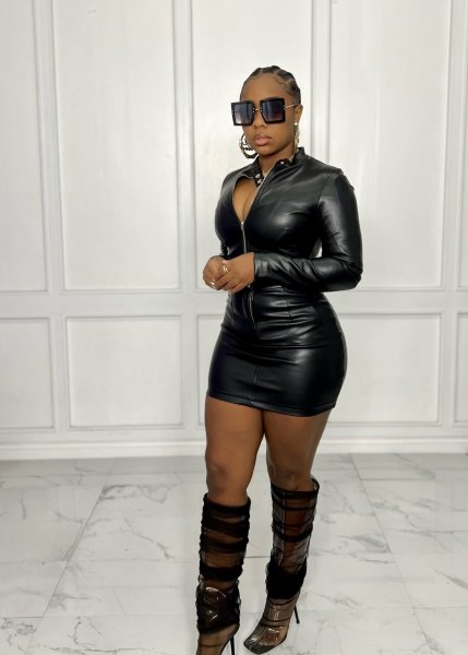Fashion casual four seasons PU leather zipper skirt two-piece suit