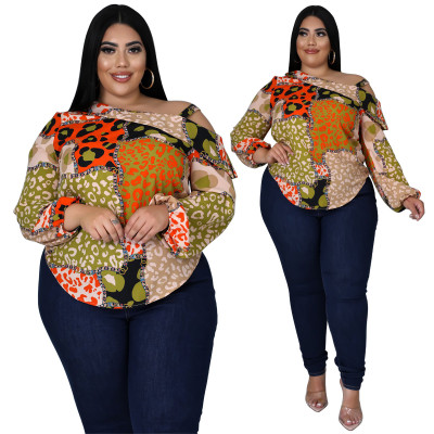 Plus size women's clothing fat size mm summer shoulder strap decoration digital printing blouse long-sleeved sling oblique shoulder T-shirt women