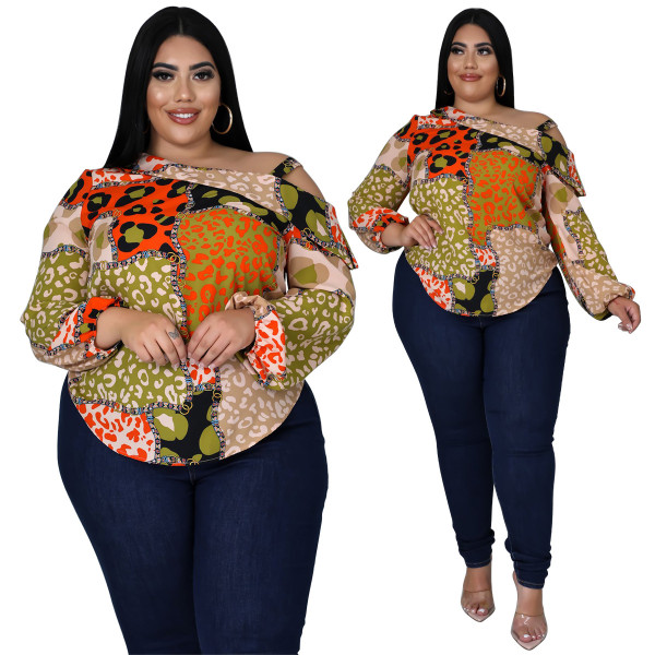 Plus size women's clothing fat size mm summer shoulder strap decoration digital printing blouse long-sleeved sling oblique shoulder T-shirt women