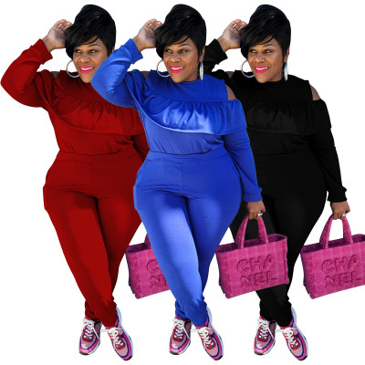 Plus size women's solid color sports waist waist suit fashion casual two-piece women