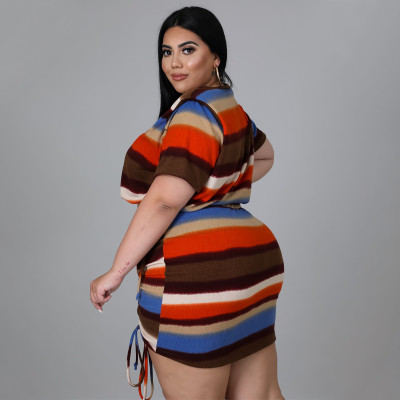 Trendy Milky Silk Brushed Striped Printed Drawstring Short Skirt Two-Piece Set