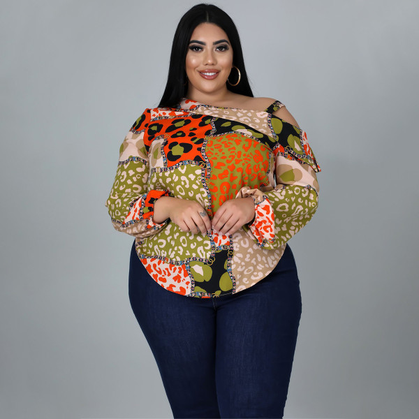 Plus size women's clothing fat size mm summer shoulder strap decoration digital printing blouse long-sleeved sling oblique shoulder T-shirt women