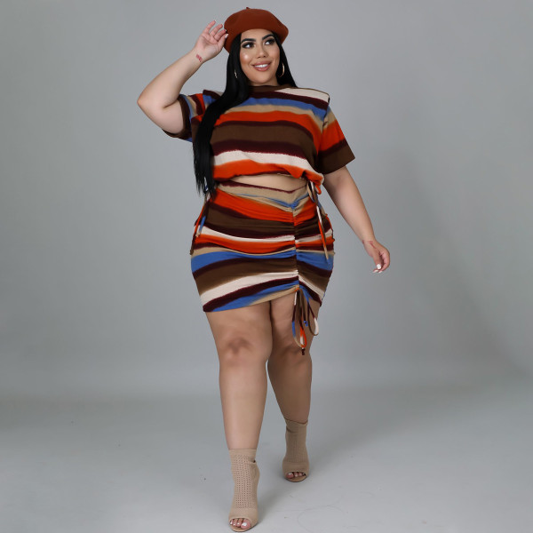 Trendy Milky Silk Brushed Striped Printed Drawstring Short Skirt Two-Piece Set