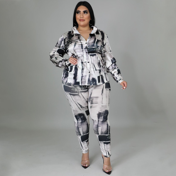 Explosive shiny shirt long-sleeved fashion digital printed pants suit two-piece