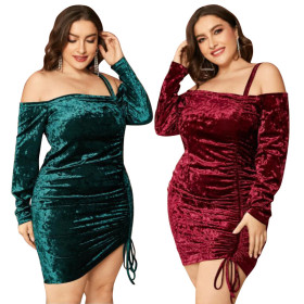 Sexy women's drawstring pleated one-word tie dress nightclub long-sleeved gold diamond velvet dress
