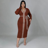 Women's 2021 autumn and winter new multi-color stitching lace-up temperament sexy plus size dress women