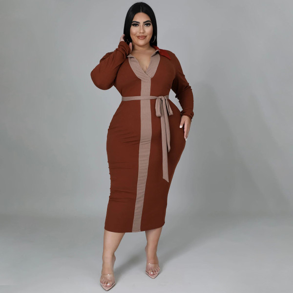 Women's 2021 autumn and winter new multi-color stitching lace-up temperament sexy plus size dress women