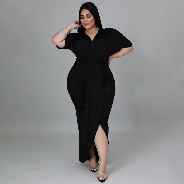 New fashion plus size women's sexy nightclub irregular long-sleeved V-neck dress