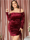 Sexy women's drawstring pleated one-word tie dress nightclub long-sleeved gold diamond velvet dress
