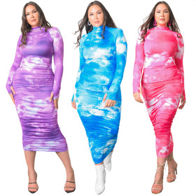 Explosive plus size dress new tie-dye printing long-sleeved pleated T-shirt dress