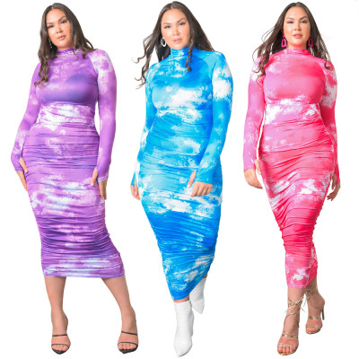 Explosive plus size dress new tie-dye printing long-sleeved pleated T-shirt dress