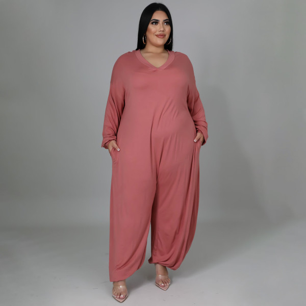 Women's wear round neck casual loose solid color sexy large size wide leg pants jumpsuit